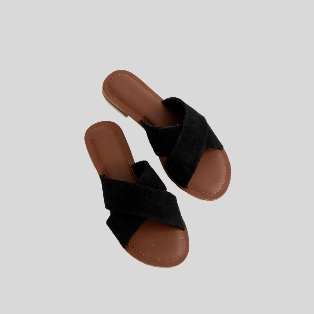 Cross Strap Sandal - Black Suede