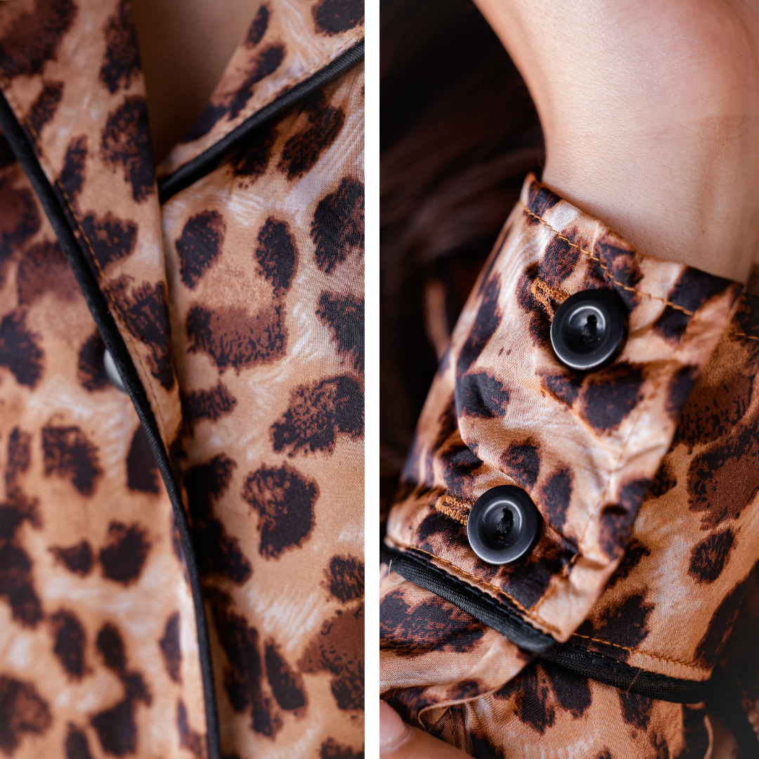 Luxury Long Sleeve Satin Nightwear - Leopard Print