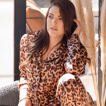 Luxury Long Sleeve Satin Nightwear - Leopard Print