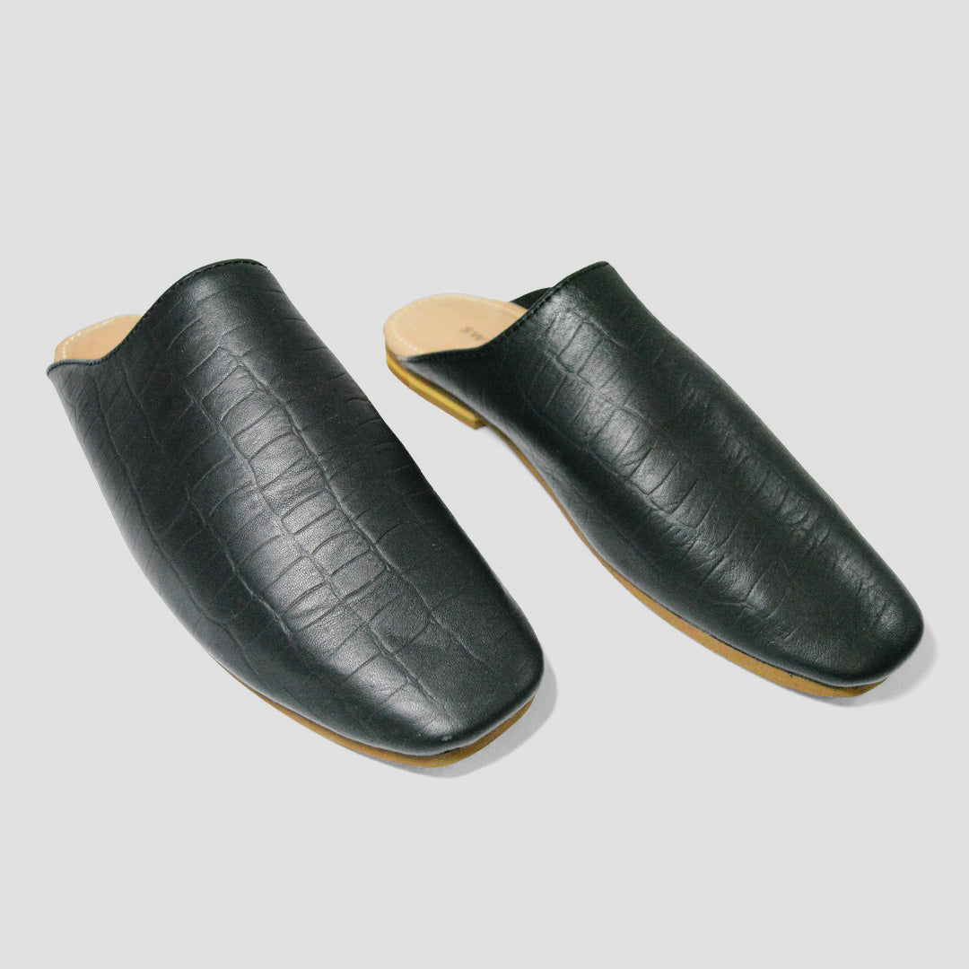The Leather Square Toe Mule - Black Croc Print - Size 3