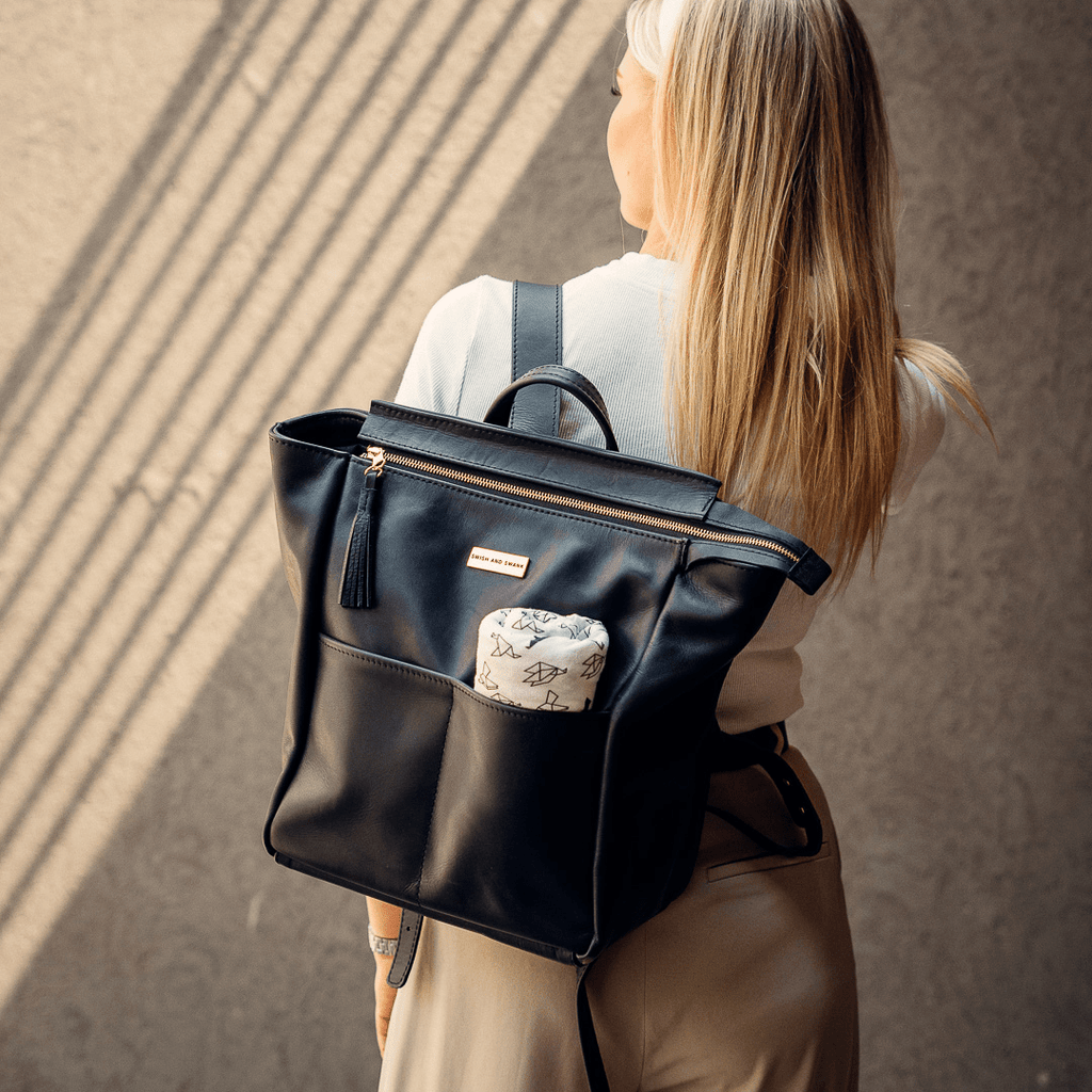 Leather nappy bag South Africa all seasons backpack full grain handmade - Swish and Swank