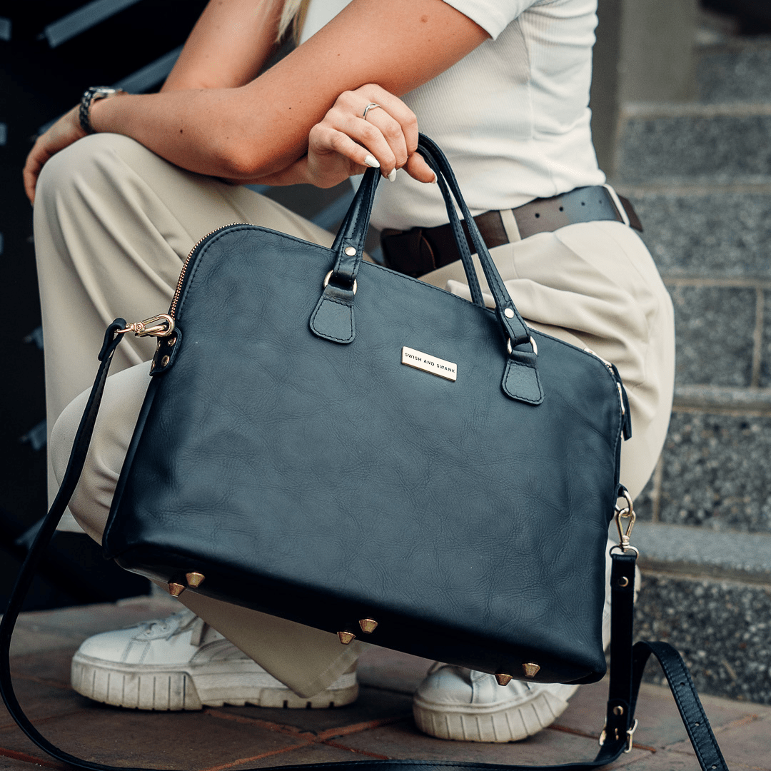 Leather Handbag Womens Designer Briefcase Bag Ladies Black Real
