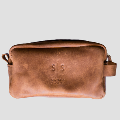 Unisex Genuine Leather Toiletry Bag Tan Edition.