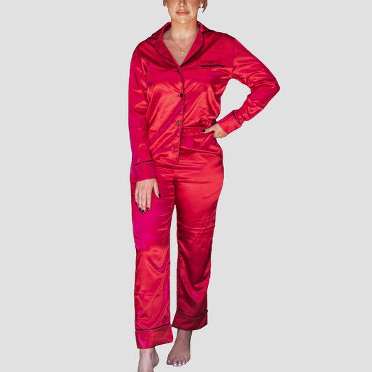 Luxury Long Sleeve Satin Nightwear - Berry Red