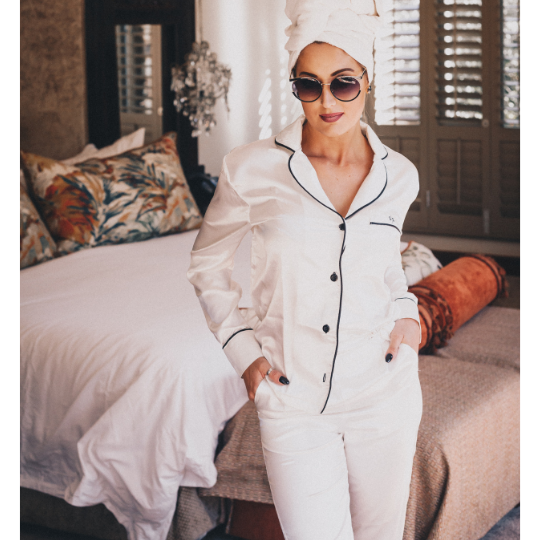 Luxury Long Sleeve Satin Nightwear - Ivory White